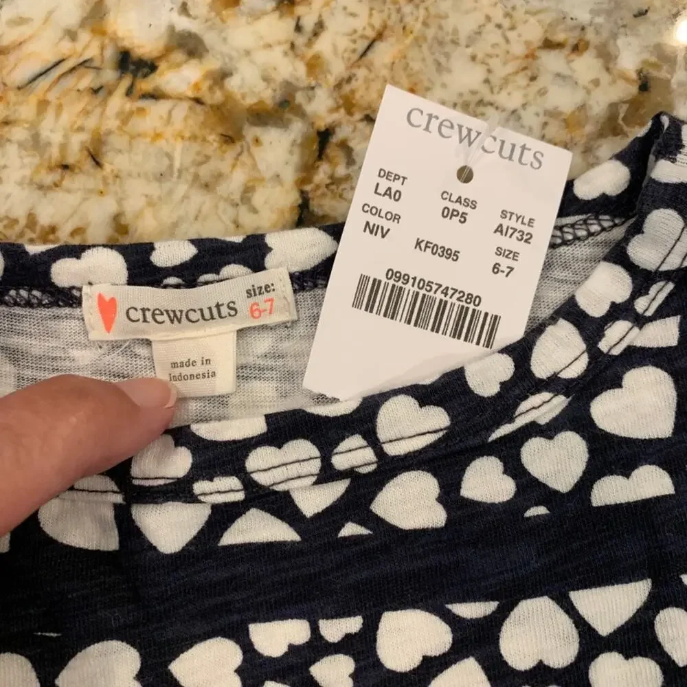 NWT J Crew Girls' Ruffle-Trim Navy Top in Hearts & Stripes